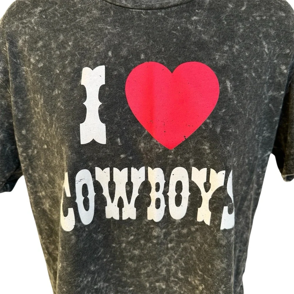 2/$12 Black Acid Wash “I ❤️ Cowboys” T-shirt - Picture 3 of 5